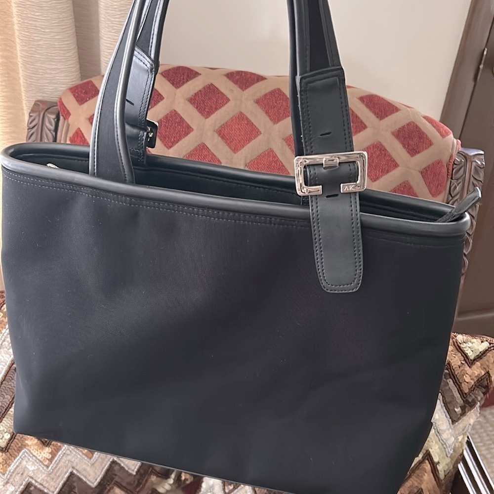 Ann Klein Black Tote hand bag vintage fabric faux leather 3 compartments, large - Picture 17 of 17